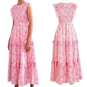 Banjanan, Women’s ‘Iris’ Floral Smocked Tiered Maxi Dress - ‘Pink Meadow’ Medium